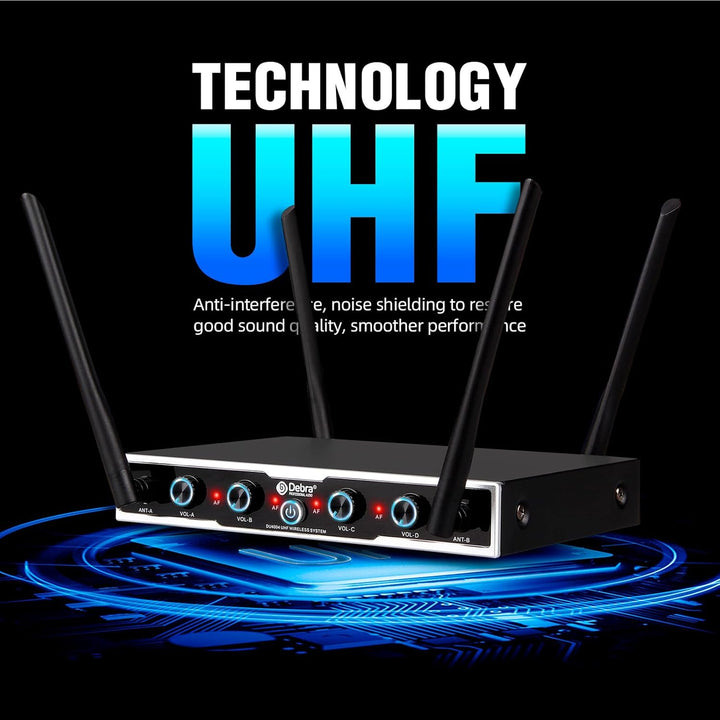 D Debra Wireless Mikrofon DU4004 UHF - 4 x 16 Kanäle, Handmikrofon, Bodypack, Headset, Lavalier für