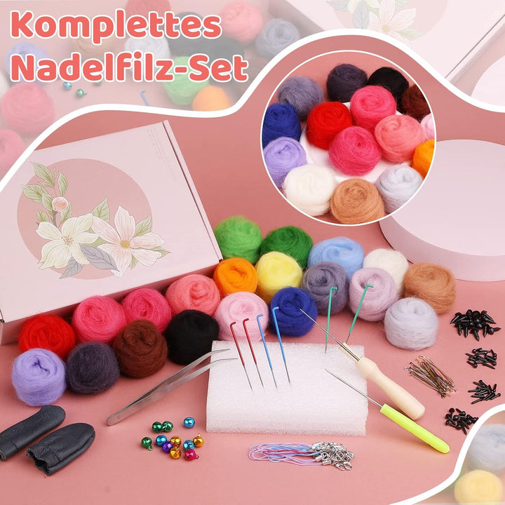 KAMAIKA Nadelfilz-Set, 20 Farben Filzwolle Set mit Filzwolle Werkzeug, Nadelfilz Starter Kit mit Fil