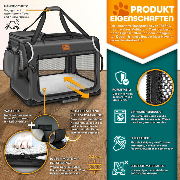 TRESKOยฎ Hundebox faltbar inkl. Leckmatte, Spatel & Reflektoren S 50x34x34cm | Transportbox fรผr Hunde