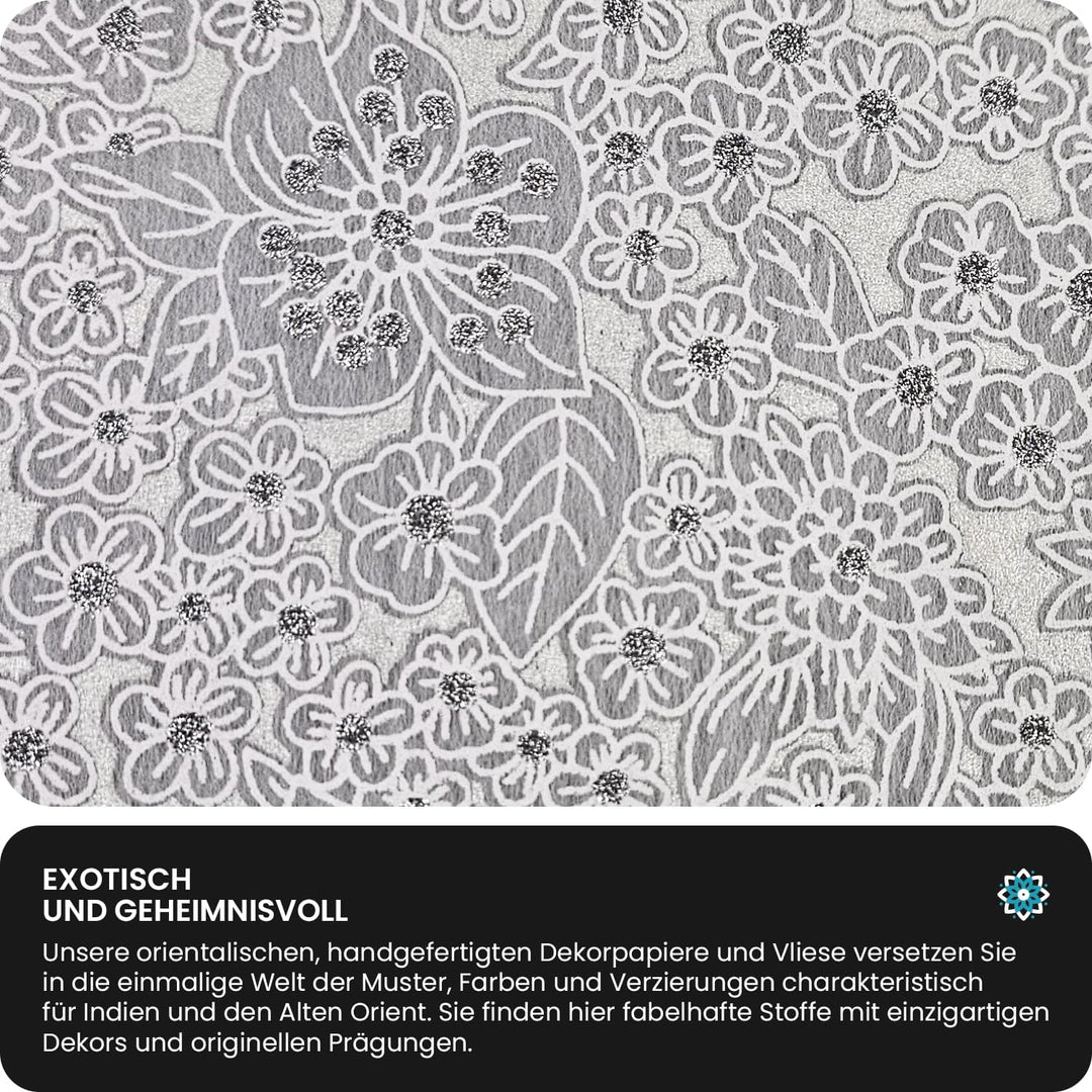 50 Blatt Weiss Deko-Vlies, Blumen in Weiss mit Silber Glitzer , 190x290mm, handgemacht, 40g, orienta