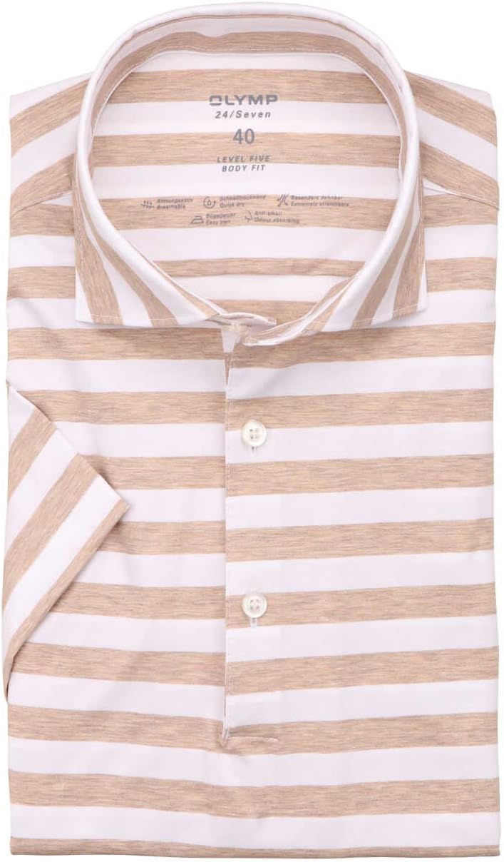 OLYMP Level Five 24/Seven Body fit Schlupfhemd Halbarm Haifischkragen Ringel braun 42 Beige, 42 Beig