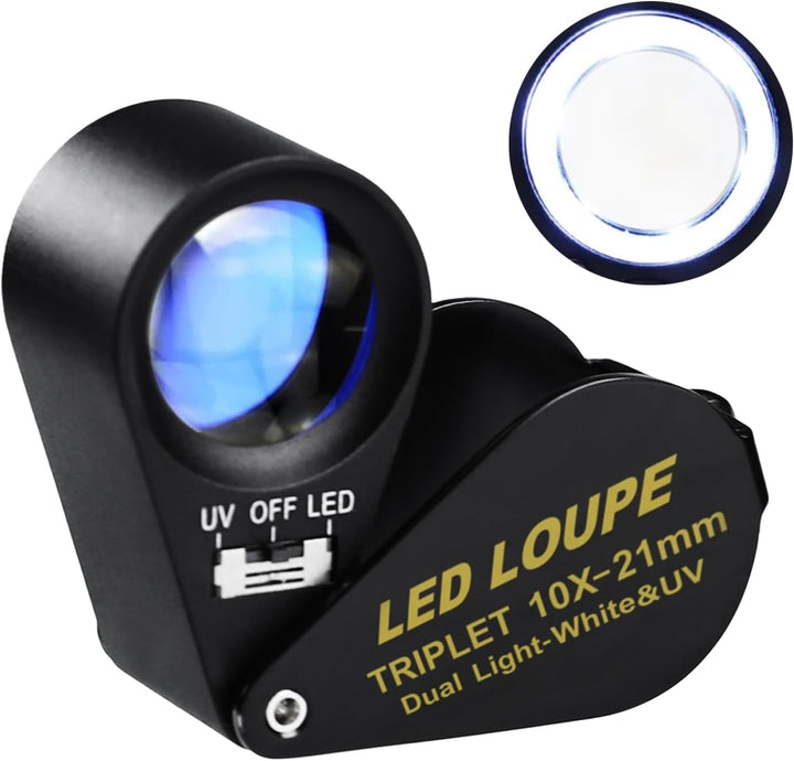 10x21mm Lupe Juwelier Lupe LED UV-Licht Triplet Objektiv Vergrösserungsstein Optisches Werkzeug 10-f