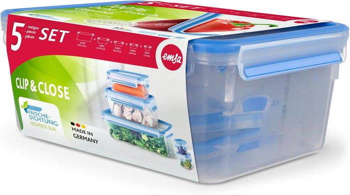EMSA Clip & Close Frischhaltedosen-Set, rechteckig, 0,15 u. 0,2 u. 0,55 u. 1,00 u. 3,70 L, Aufbewahr