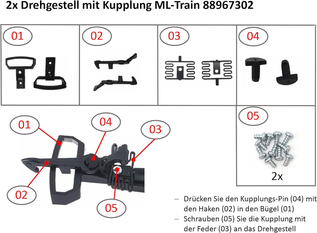ML-Train Drehgestell P15 mit Kupplung, Radsatz und Schrauben 2 Stück - Für Kurze Personen- und Güter