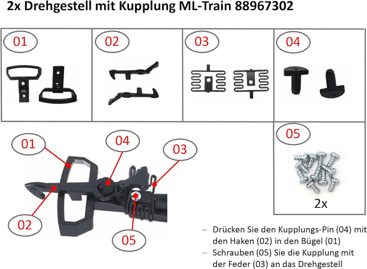 ML-Train Drehgestell P15 mit Kupplung, Radsatz und Schrauben 2 Stück - Für Kurze Personen- und Güter