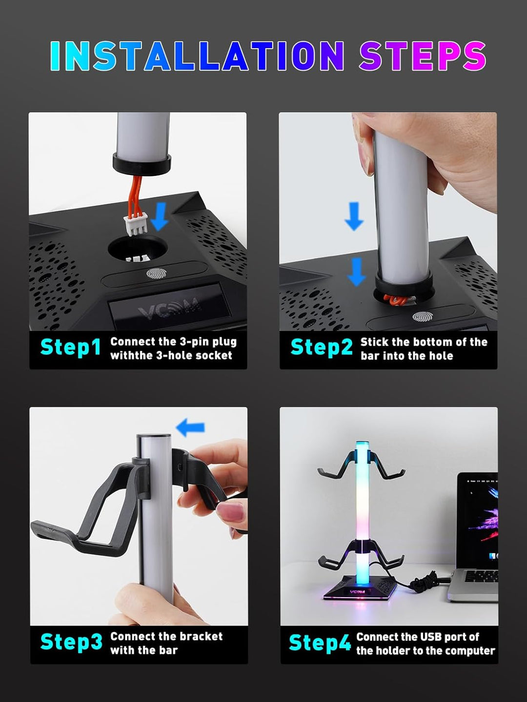 VCOM RGB Gaming Kopfhörer Ständer mit 10-Licht Modi, Controller Halter mit 2 USB Ports, PC Gaming Zu