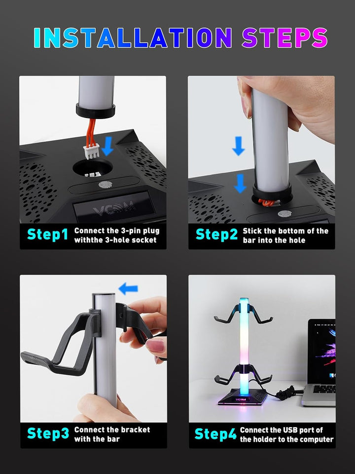 VCOM RGB Gaming Kopfhörer Ständer mit 10-Licht Modi, Controller Halter mit 2 USB Ports, PC Gaming Zu