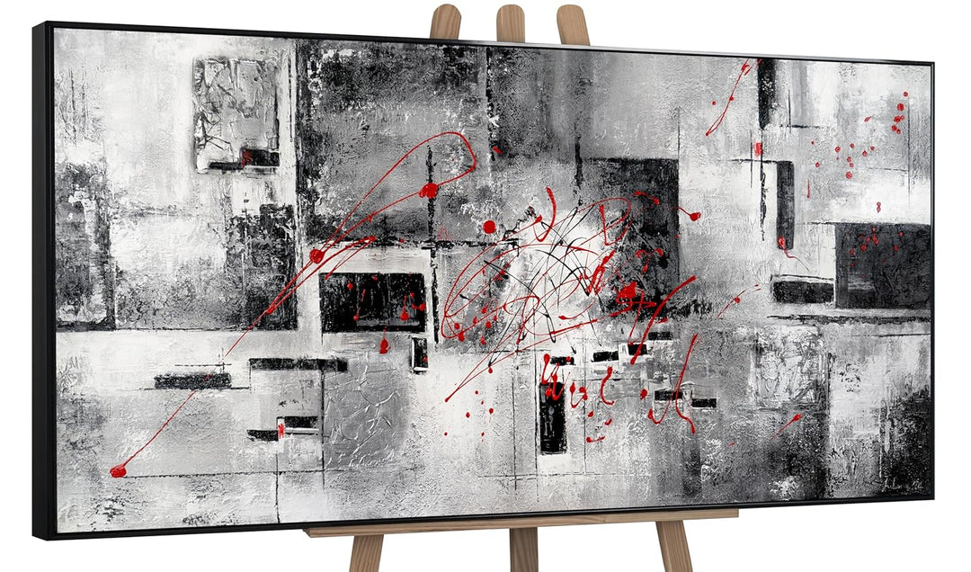 YS-Art XXL Abstrakt Acryl Gemälde auf Leinwand Courage handgemalt Wandbilder schwarz weiss grau rot