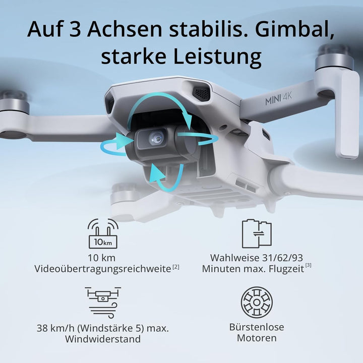 DJI Mini 4K Camera Drone Combo, Drohne mit 4K UHD Kamera für Erwachsene, unter 249 g, 3-Achsen Gimba