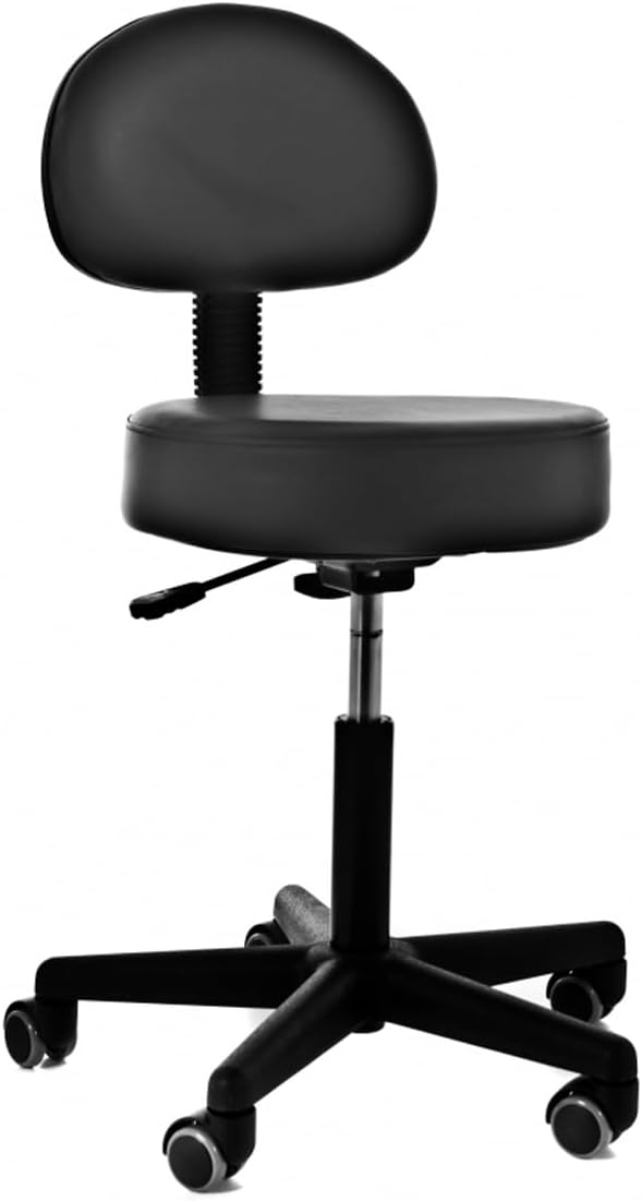 QUIRUMED Hocker mit Rückenlehne, Gaslift, mit 5 Rädern, Schwarze Farbe, hochdichte Kunstlederpolster