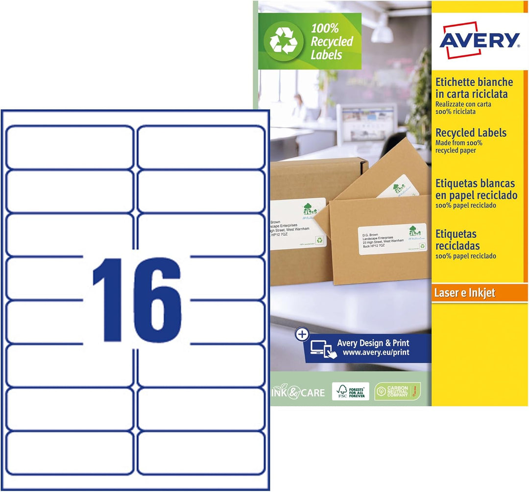 AVERY Zweckform LR7162-100 Adress-Etiketten (A4, 1.600 Stück, Recycling, 99,1 x 33,9 mm, 100 Blatt)