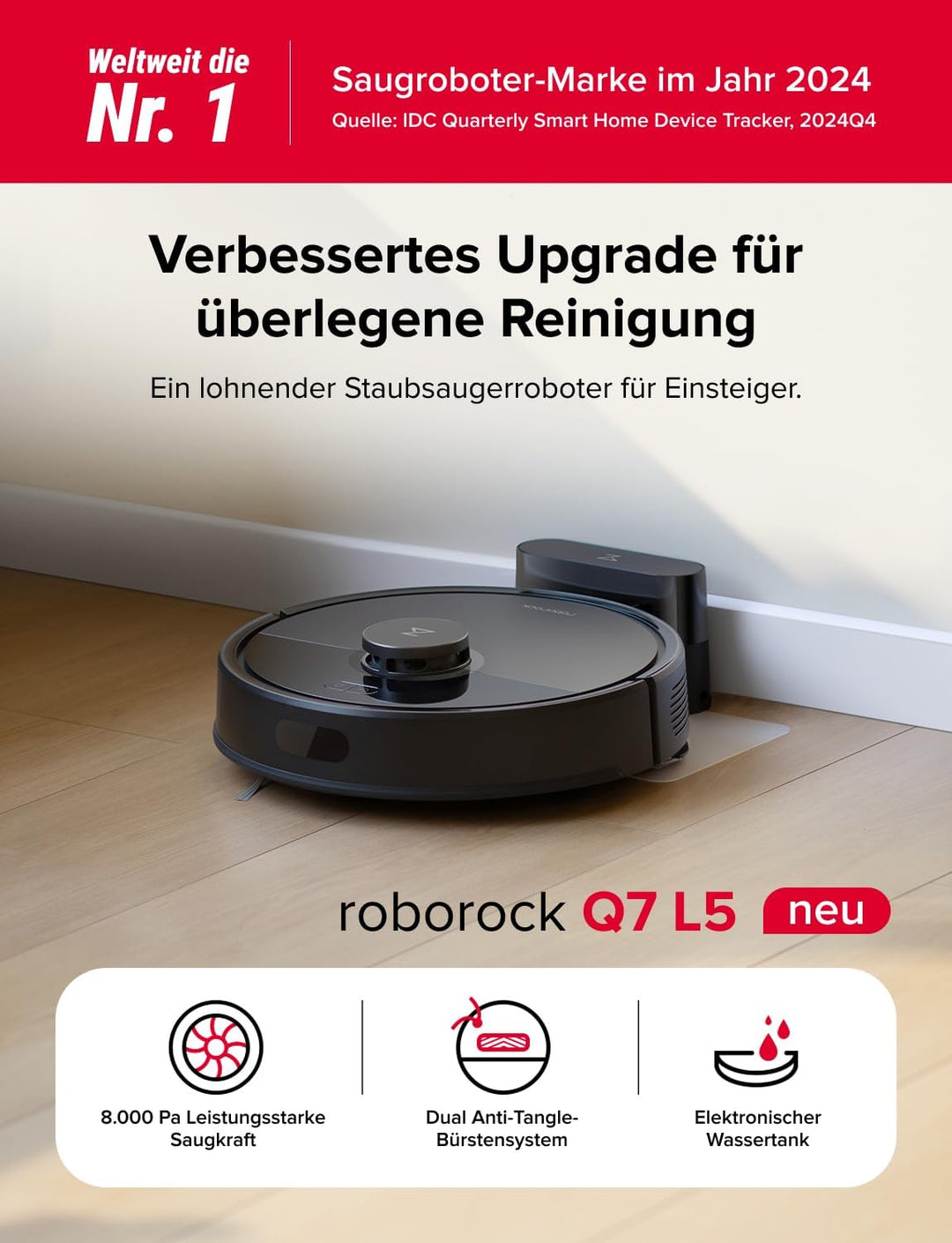 roborock Q7 L5 Saugroboter, Dual Anti-Tangle System, 8.000 Pa HyperForce Saugkraft, Präzise Navigati