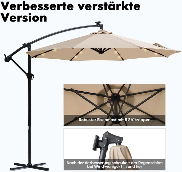 Sekey® LED Solar Ampelschirm 300cm LED Sonnenschirm-Solarbetrieben - UV50+ Sonnenschutz - Robust und