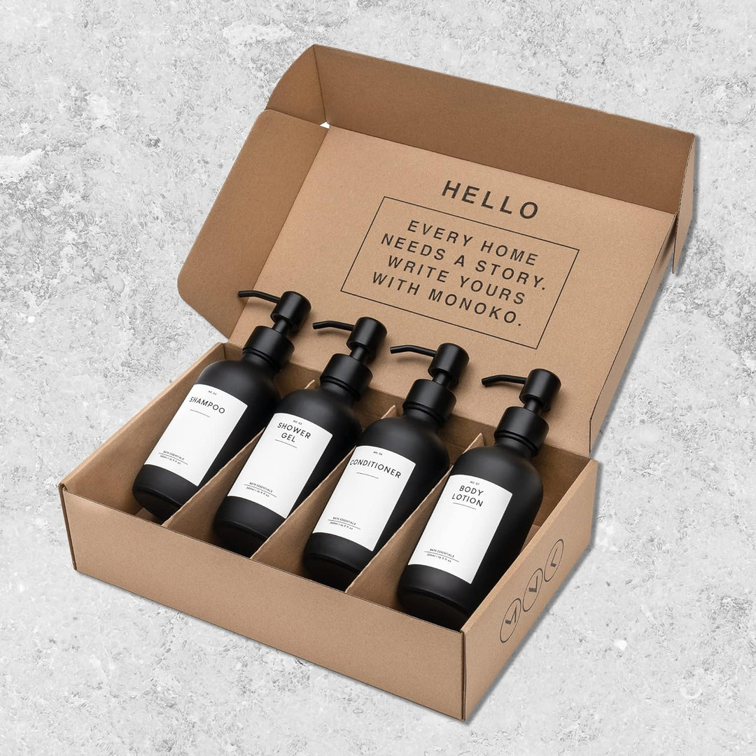 MONOKO 4er Set Seifenspender Schwarz Matt aus Glas | Shampoo Flaschen zum Befüllen | 250ml Spülmitte