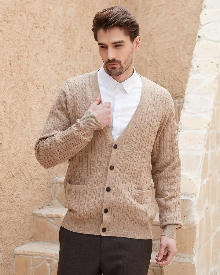 Kallspin Herren Strickjacke aus Wollmischung Zopfstrick Cardigan mit Knopfverschluss und Taschen S K