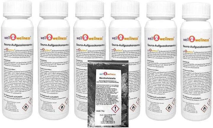 well2wellness® Saunaaufguss Set 'TOP-Frucht' 6 x 125 ml + gratis 10g Mentholkristalle