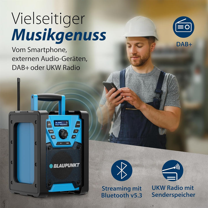 Blaupunkt BSR 300 Baustellenradio mit Akku – Tragbares Radio mit Bluetooth 5.3 robust (AUX-IN, 10 Wa