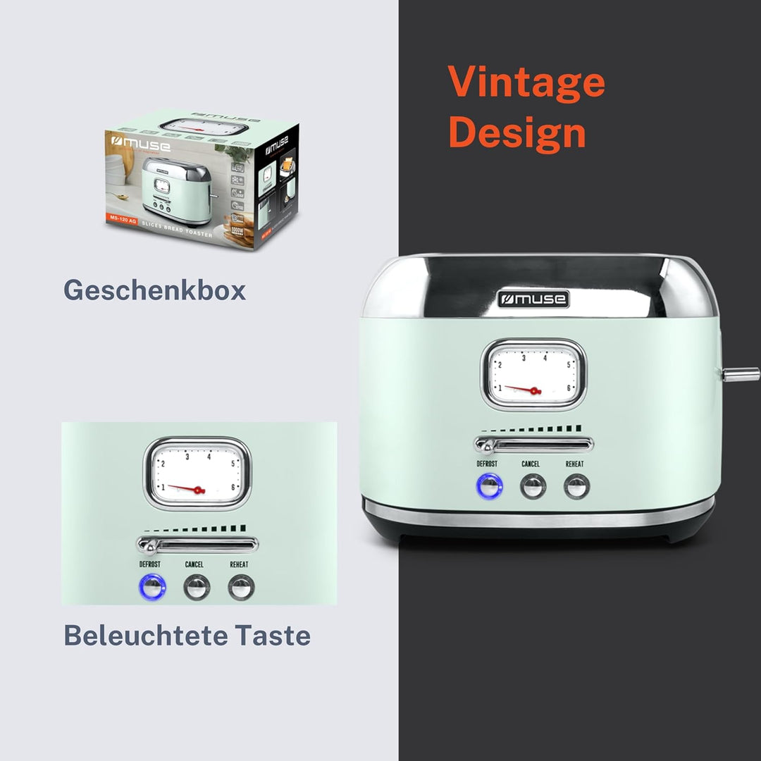 Muse Retro Toaster, 2 Scheiben, 6 Bräunungsstufen, analoge Anzeige, beleuchtete Tasten, Krümelschubl