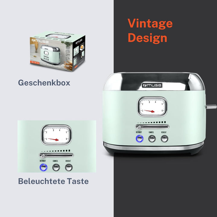 Muse Retro Toaster, 2 Scheiben, 6 Bräunungsstufen, analoge Anzeige, beleuchtete Tasten, Krümelschubl