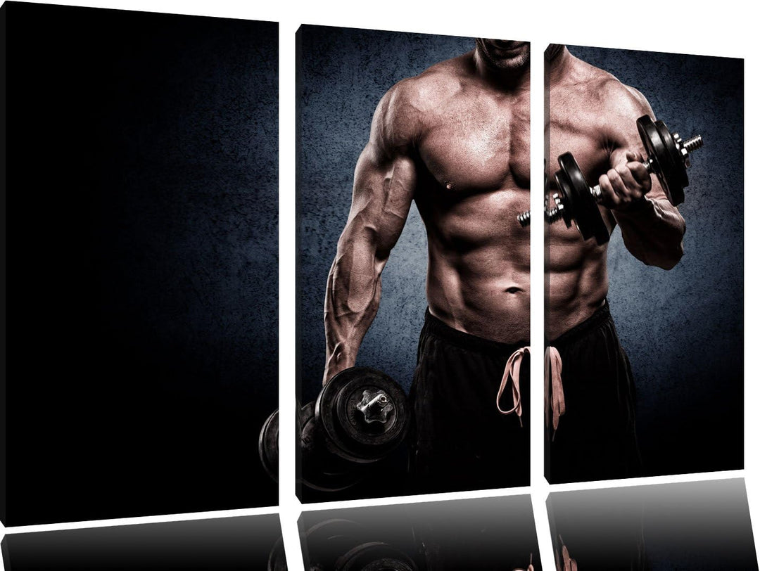 Starker Bodybuilder mit Hantel als 3-Teiler Leinwandbild 120x80 Bild auf Leinwand, XXL riesige Bilde