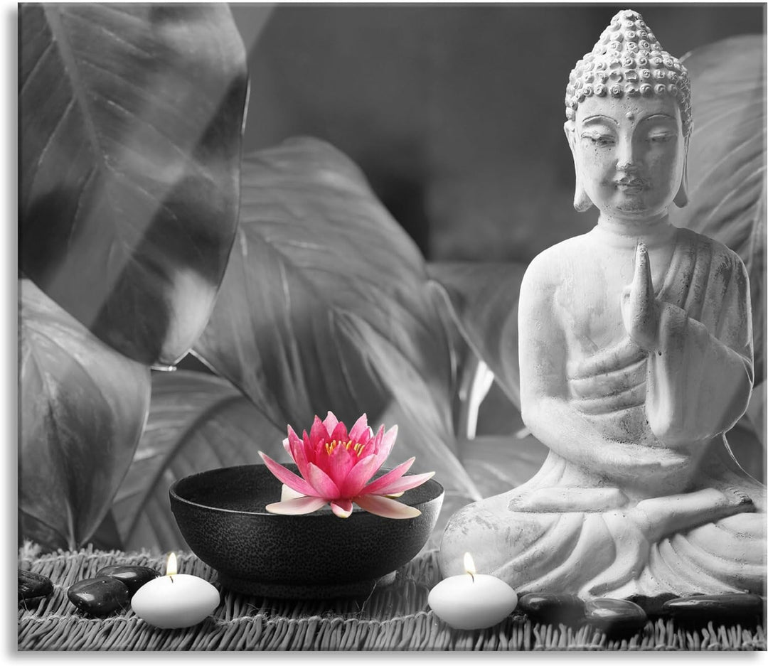 Buddha mit Seerose Herdabdeckplatte & Spritzschutz aus Echtglas | Für Herd-Kochfelder | 60x52 cm