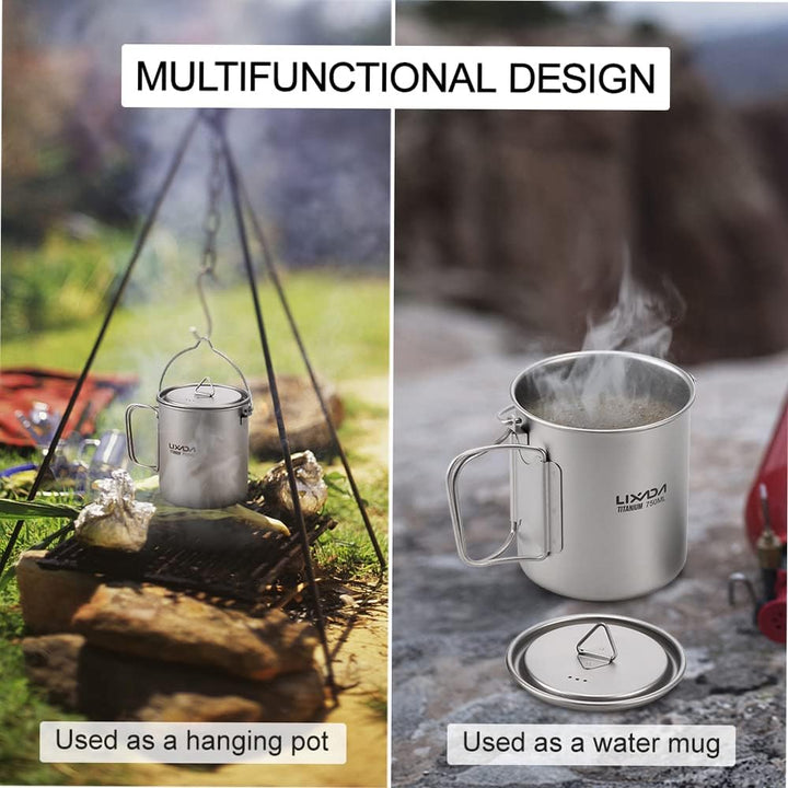 Lixada Titanium Cup Topf, Ultraleicht, tragbar, zum AufhĂ€ngen, mit Deckel und Griff, faltbar, fĂŒr Ca