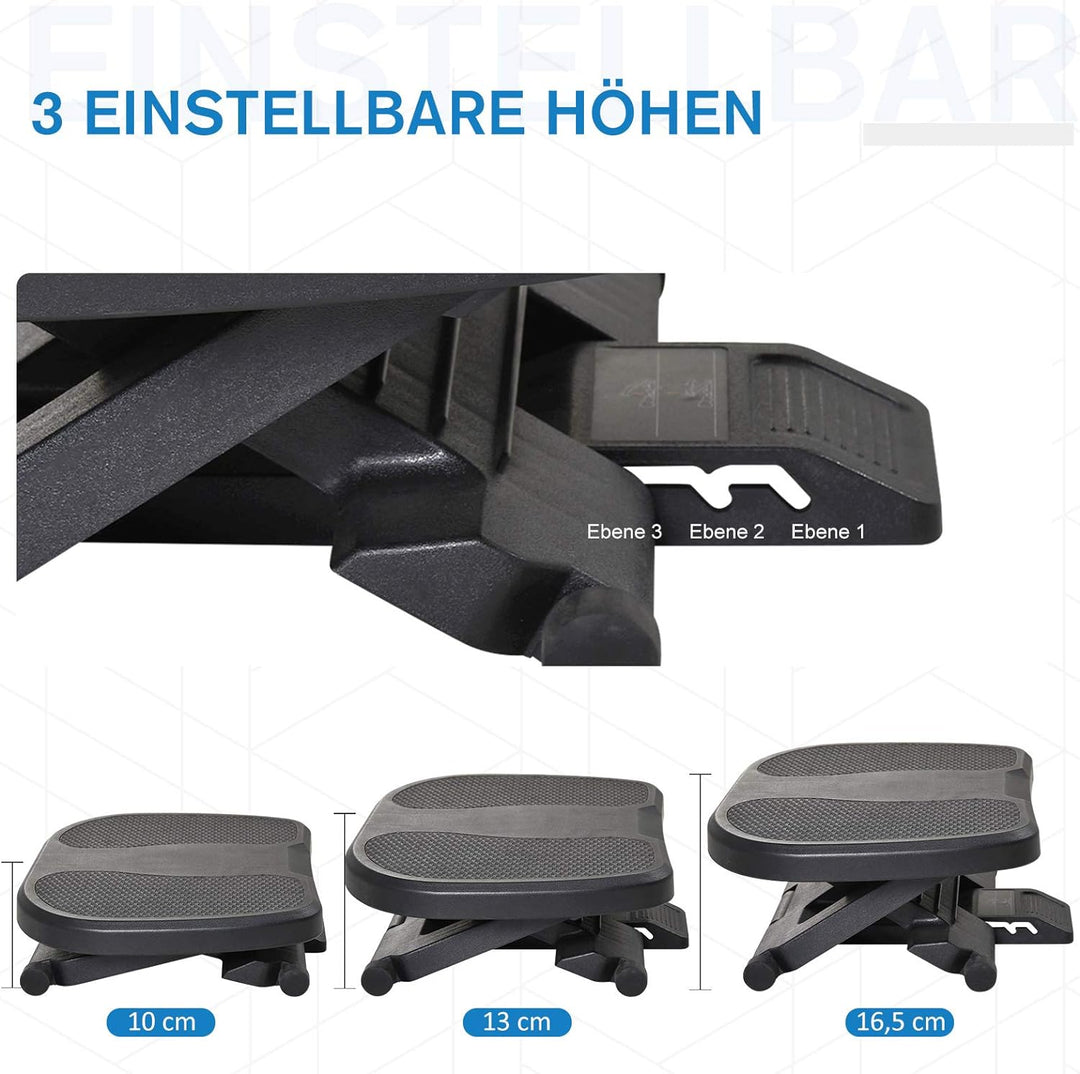 HOMCOM Fussstütze, Fussablage, Fussablage, 3 Höhen Verstellbar, HIPS, schwarz, 45 x 34 x (10-16,5) c