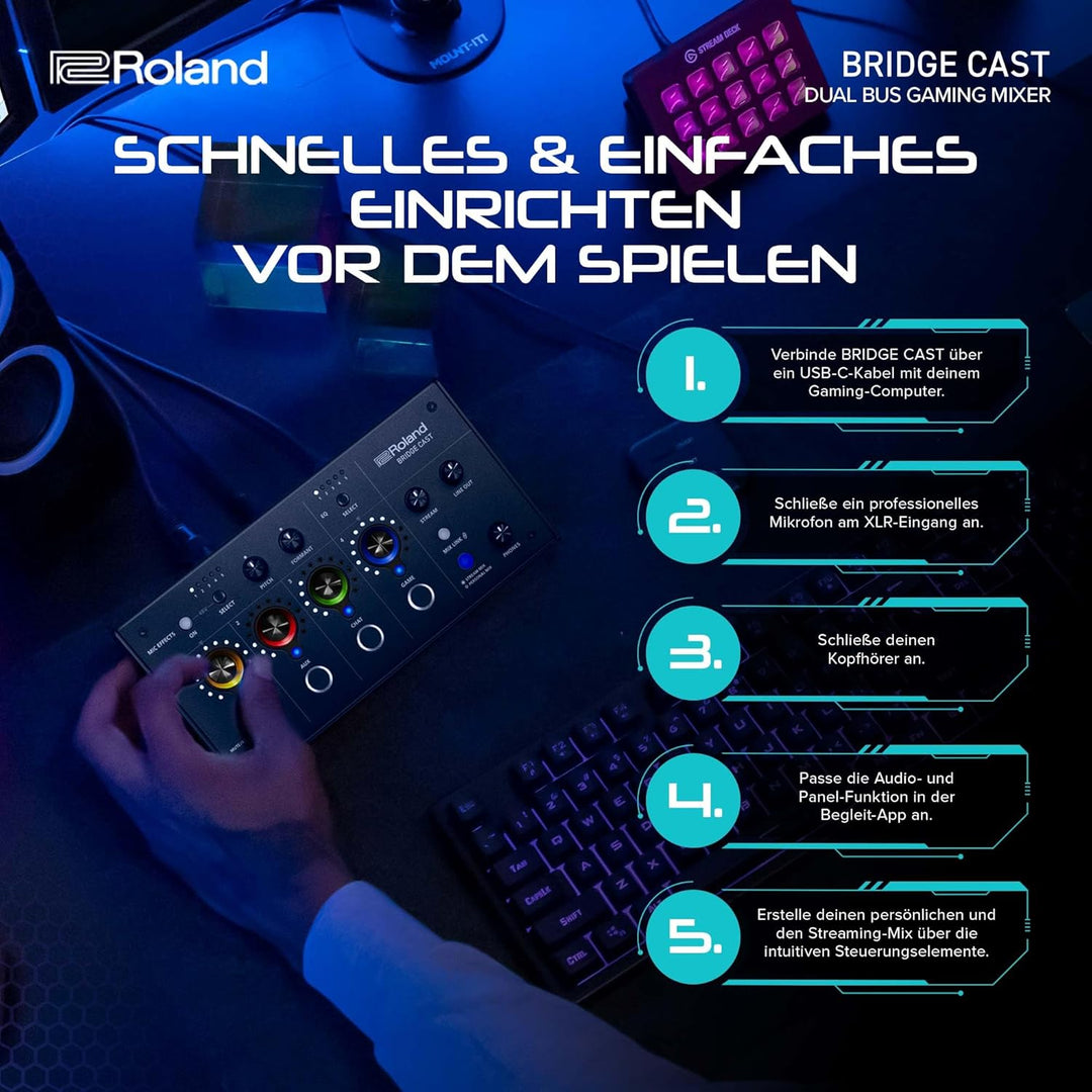 Roland BRIDGE CAST Dual Bus Gaming-Mixer in Schwarz | Professionelles Audio-Streaming-Interface und