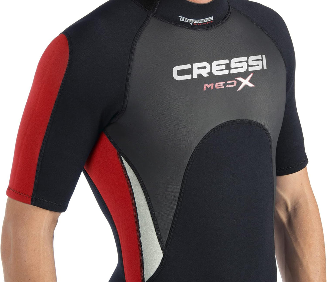 Cressi Med X Men's - Shorty Herren Neoprenanzug Premium Neopren 2.5 mm S/2 Schwarz/Rot/Silber, S/2 S