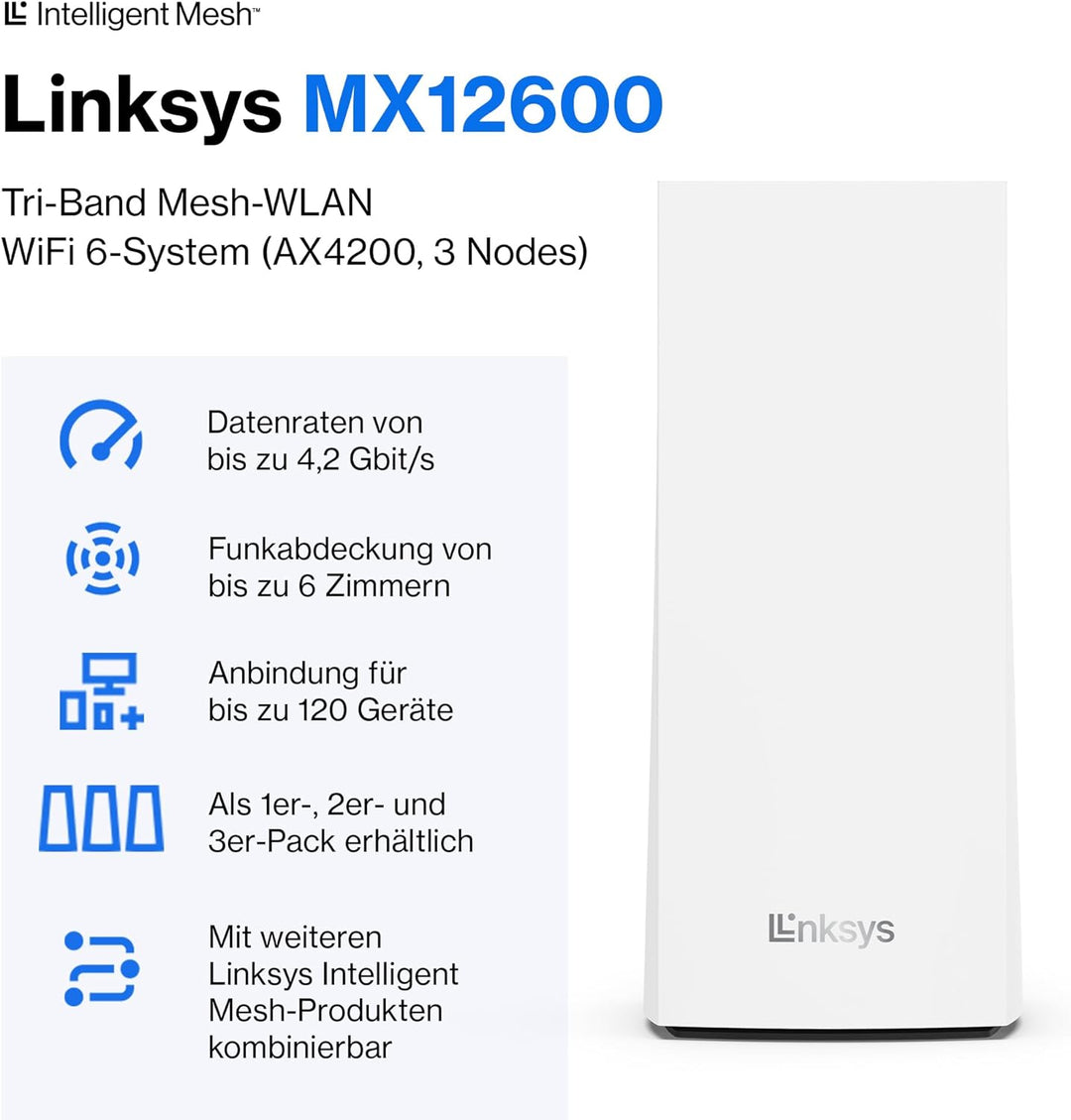 Linksys Velop MX12600 Tri-Band Mesh-WiFi 6-System (AX4200) WLAN-Router, Repeater, Extender mit bis z