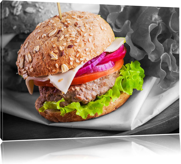 Gesunder Hamburger schwarz/weiss Format: 100x70 cm auf Leinwand, XXL riesige Bilder fertig gerahmt m
