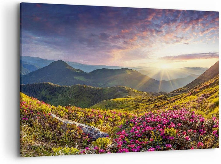 Bilder auf Leinwand 100x70cm Leinwandbild Gebirge Wiese Landschaft Wald Gross Wanddeko Bild Schlafzi