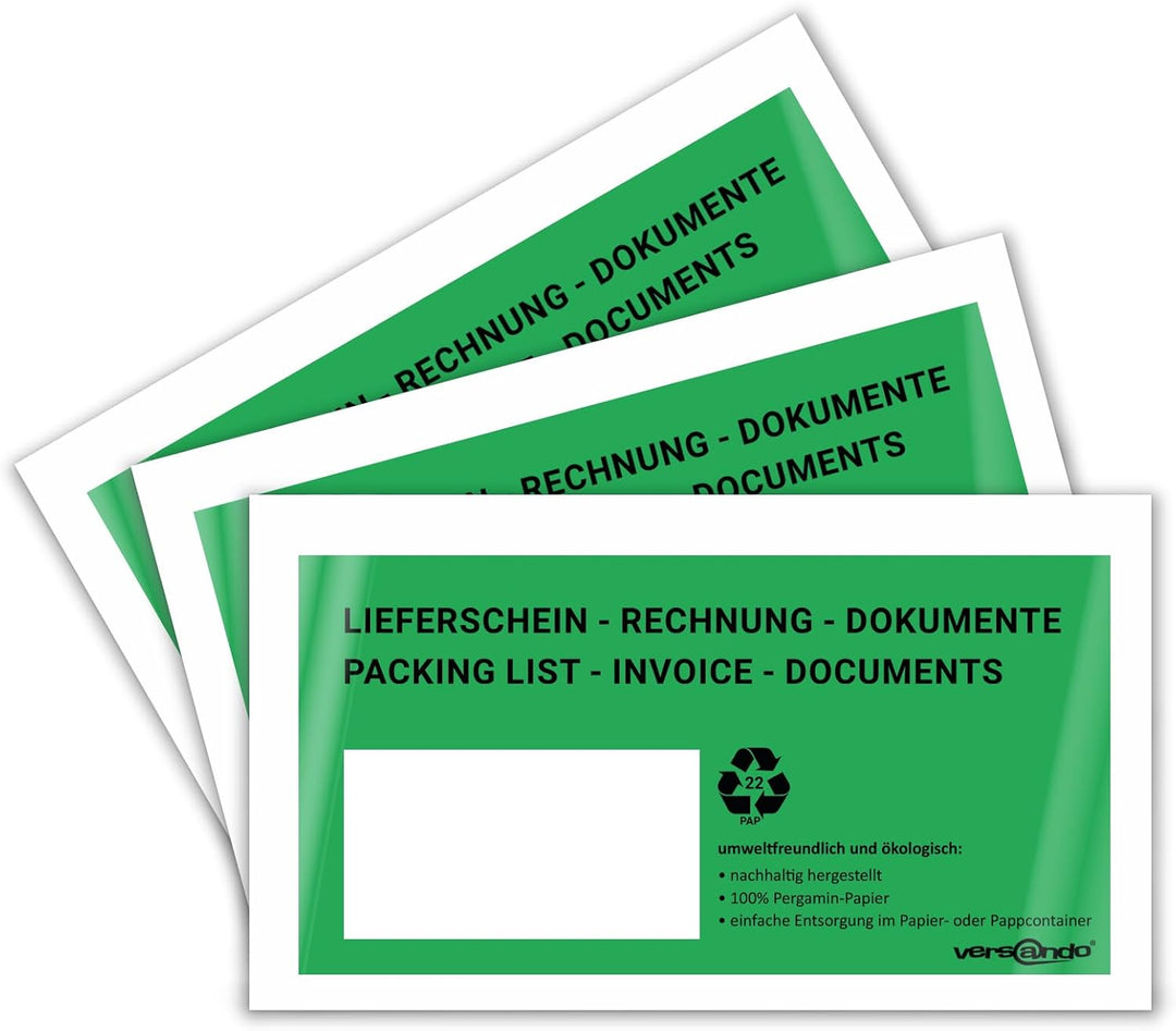 versando 1000 ökologische Lieferscheintaschen DIN lang selbstklebend 100% Pergamin Papier folienfrei