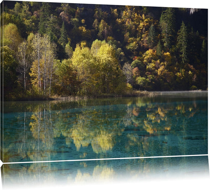 herbstlicher Wald am See Leinwand, XXL riesige Bilder fertig gerahmt mit Keilrahmen, Kunstdruck auf