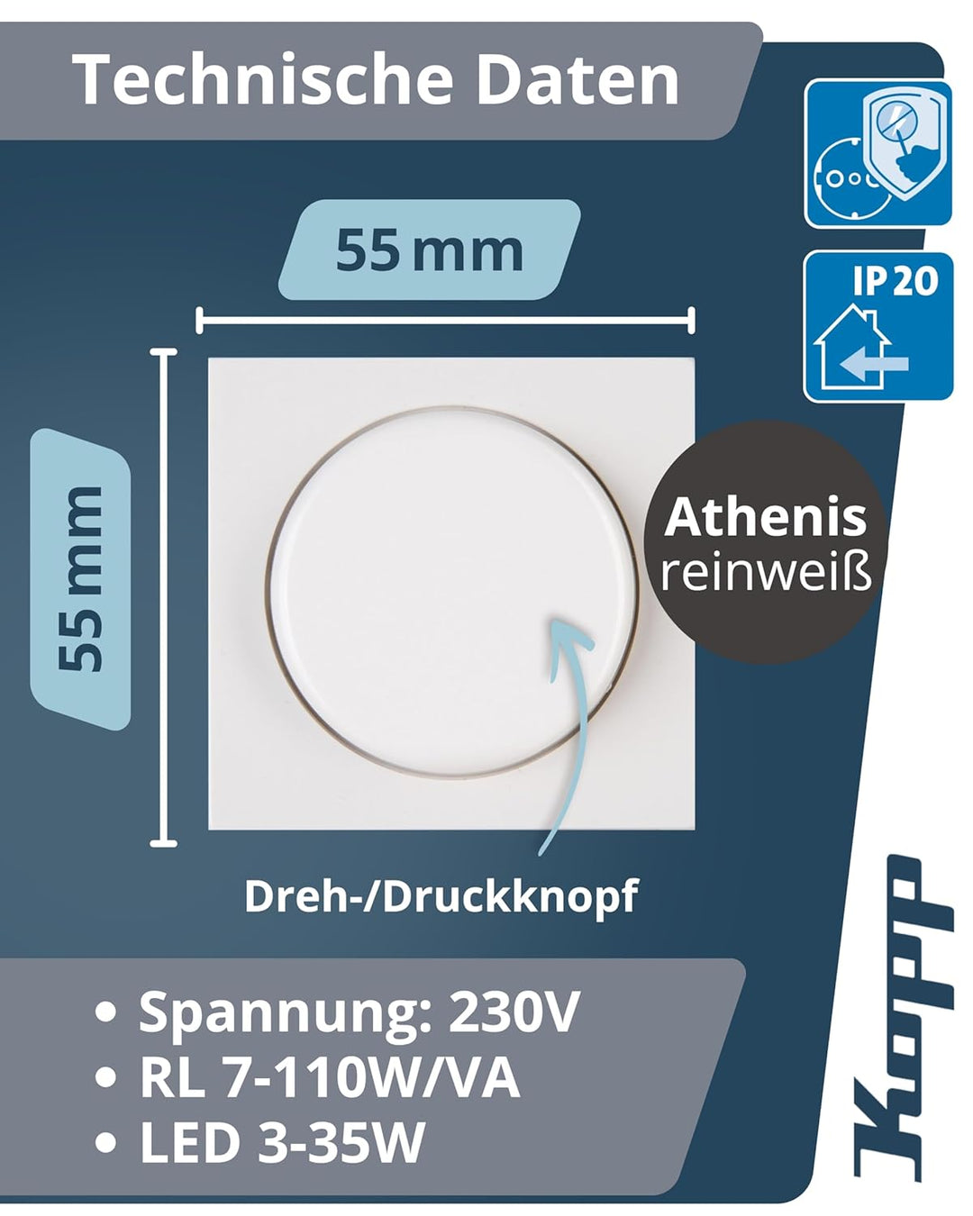 Kopp Athenis rein-weiss, Druck-Wechsel-Schalter, Kombigerät, LED-Dimmer, für Glüh-Lampen, 230V Halog