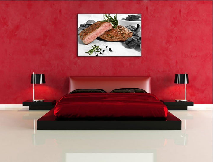 saftiges Medium Steak schwarz/weiss Format: 100x70 auf Leinwand, XXL riesige Bilder fertig gerahmt m