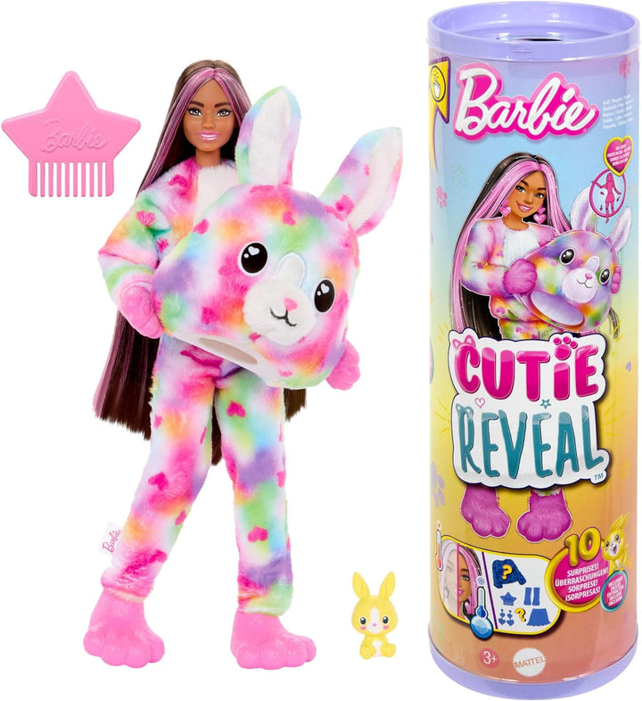 Barbie Cutie Reveal Puppe und Accessoires, Batik-Häschen-Plüschkostüm und 10 Überraschungen mit Farb