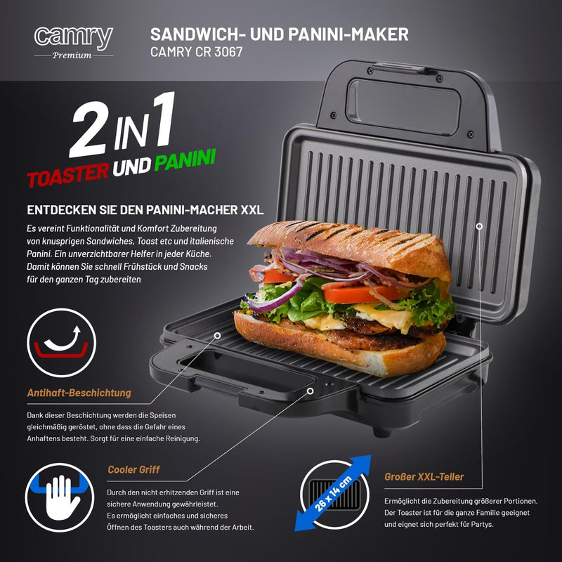 Camry - sandwichmaker und panini grill in einem - 2 in 1 - schwarz sandwichtoaster klein - sandwich-