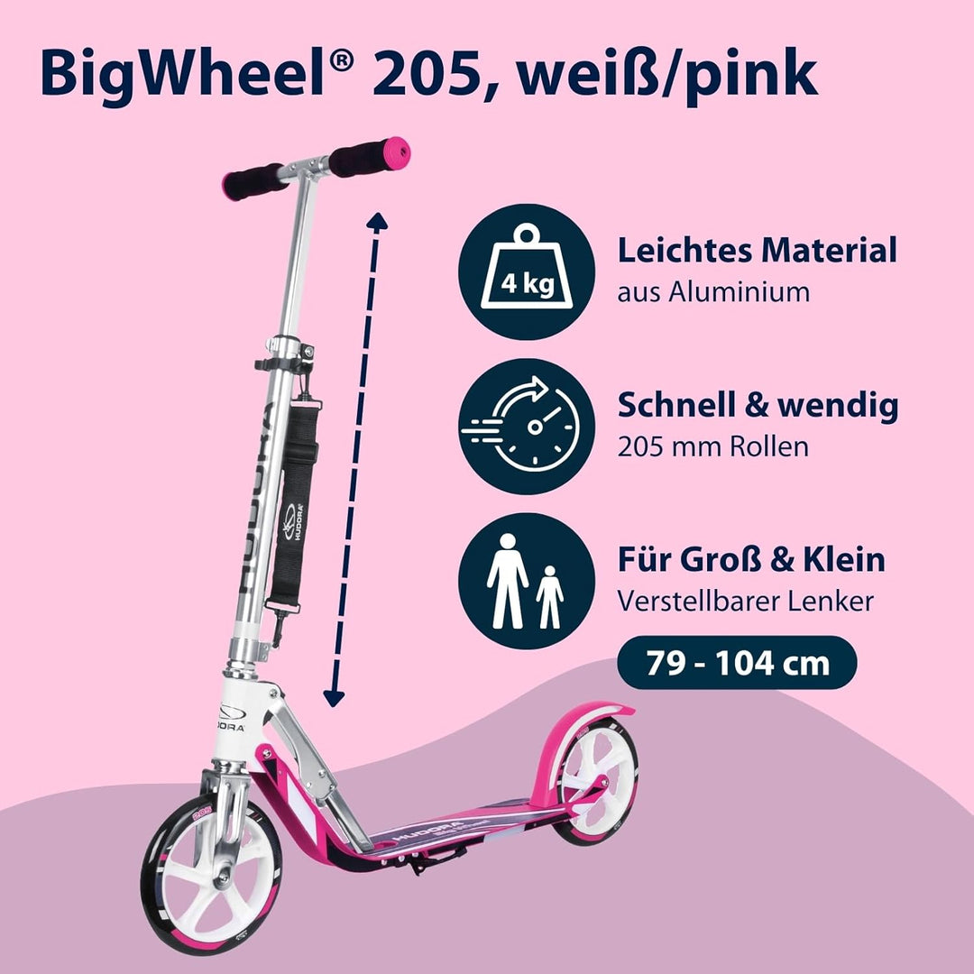 HUDORA BigWheel 205 Scooter - Stabiler Aluminium-Roller - Höhenjustierbarer & zusammenklappbarer Cit