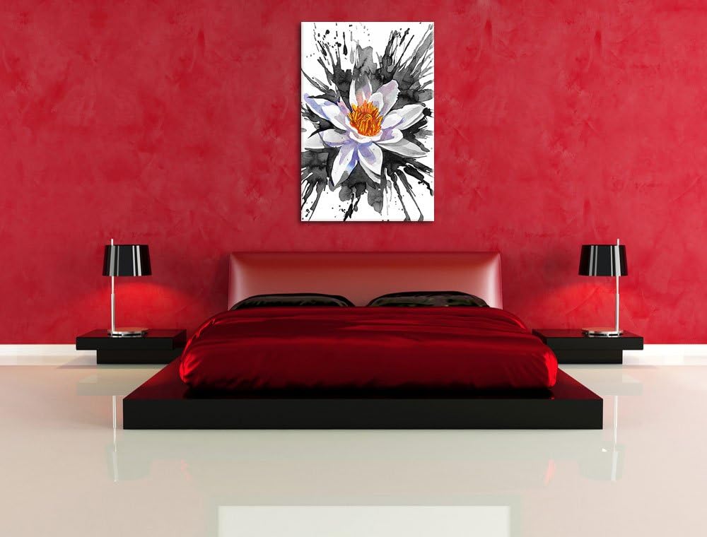 gezeichnete Seerose schwarz/weiss Format: 100x70 auf Leinwand, XXL riesige Bilder fertig gerahmt mit