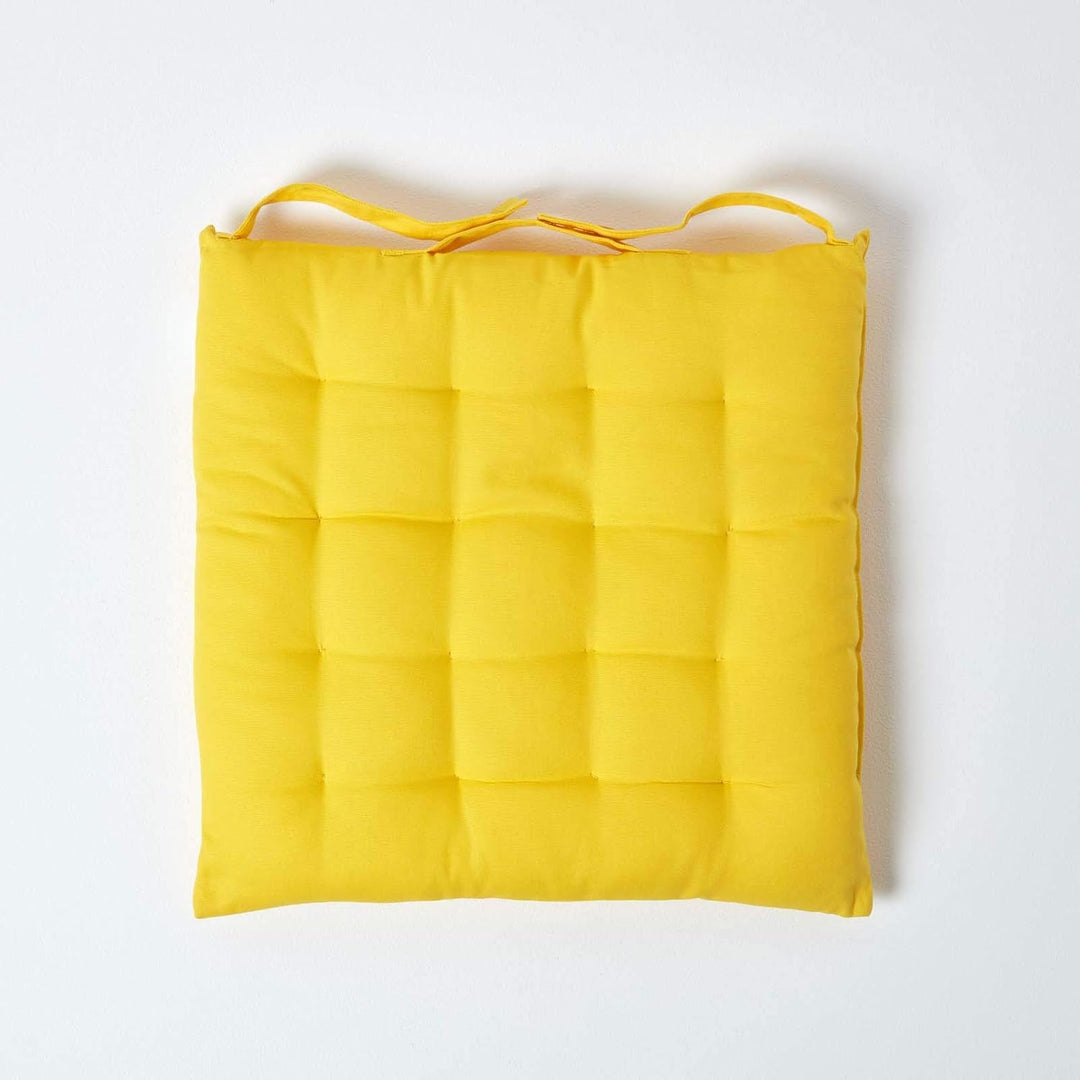 Homescapes 6er Set Stuhlkissen 40 x 40 cm, gelb, Sitzkissen mit Bändern und Knopfverschluss, einfarb