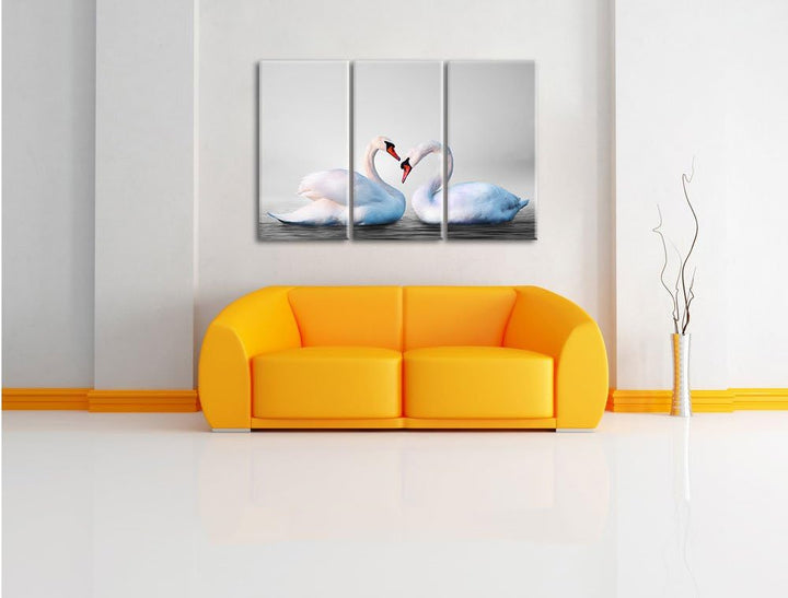 Pixxprint Zwei prächtige Schwäne auf dem Wasser B&W Detail 3-Teiler Leinwandbild 120x80 Bild auf Lei