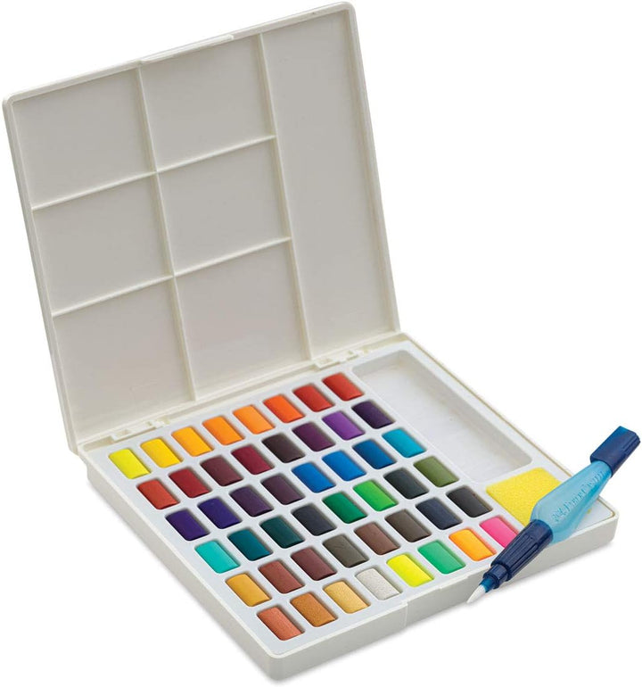 Faber-Castell 169748 - Aquarellfarben in Näpfchen, mit Mischpalette und Wassertankpinsel, 48er Etui