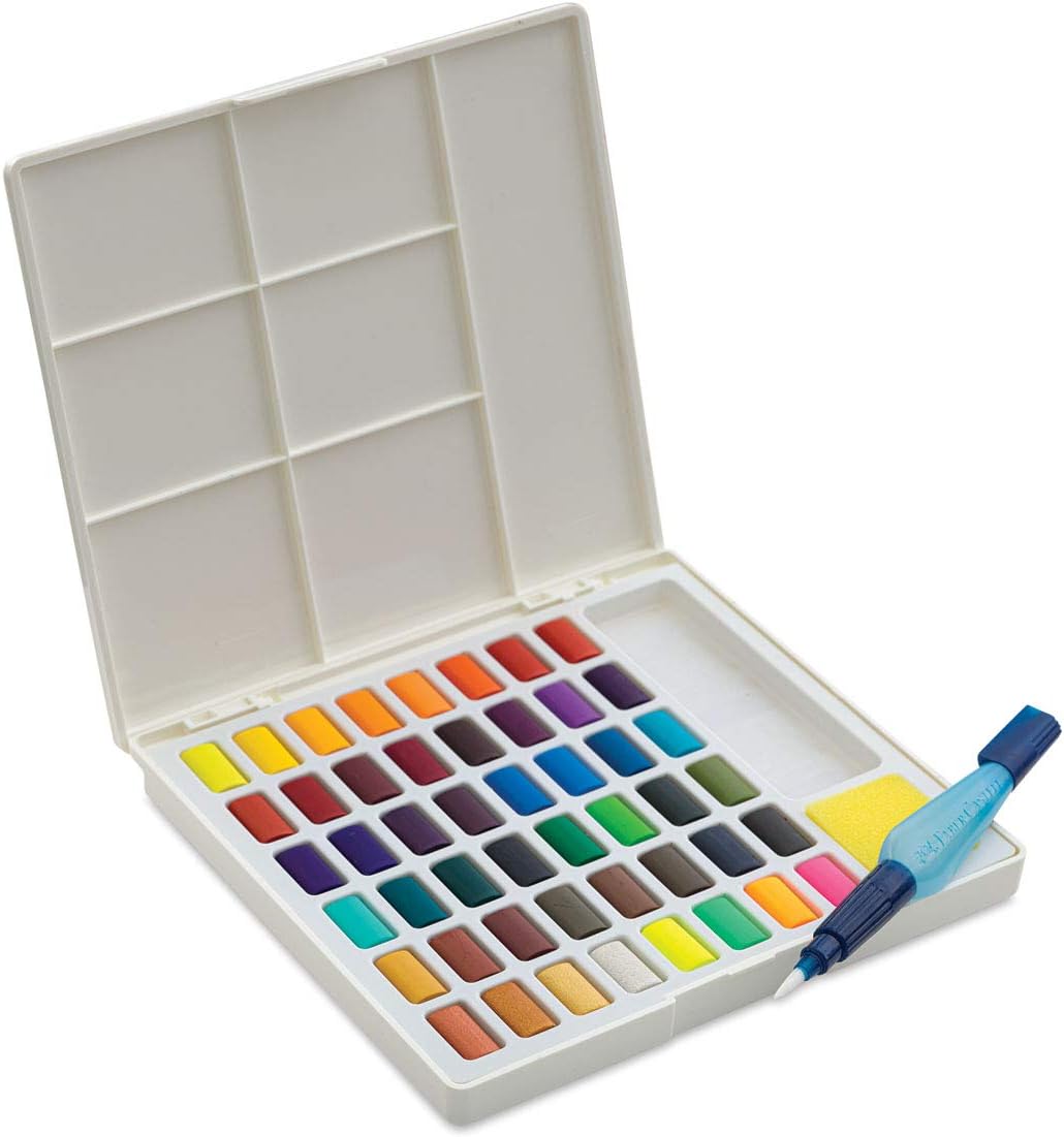 Faber-Castell 169748 - Aquarellfarben in Näpfchen, mit Mischpalette und Wassertankpinsel, 48er Etui