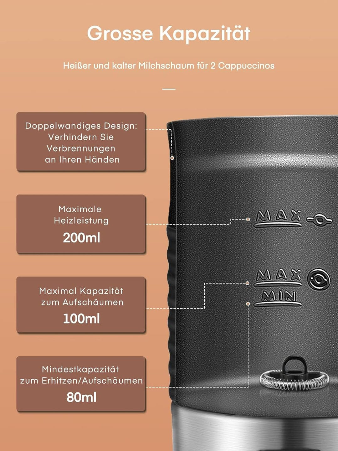 HOUSNAT Milchaufschäumer Elektrisch, 4-in-1 Milchschäumer für Heissen und Kalten Milchschaum, für La