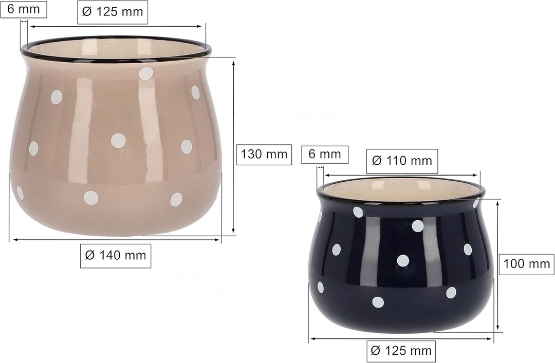 KOTARBAU® Keramik Blumentopf Übertopf Beige ⌀ 125 mm Dunkelblau ⌀ 110 mm in Weisse Punkte Erbsen Bei