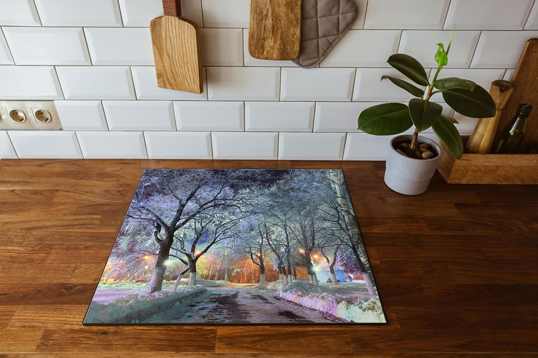 Baumallee im Winter Herdabdeckplatte & Spritzschutz aus Echtglas | Für Herd-Kochfelder | 60x52 cm