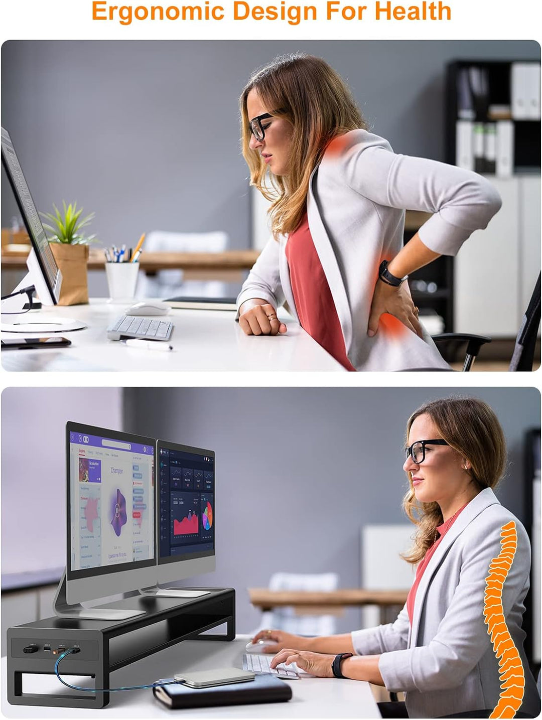 (2-stufiger) STARSIKI Monitorständer mit Dual-Monitor-Unterstützung, kabellosem Laden und 4 USB Ansc