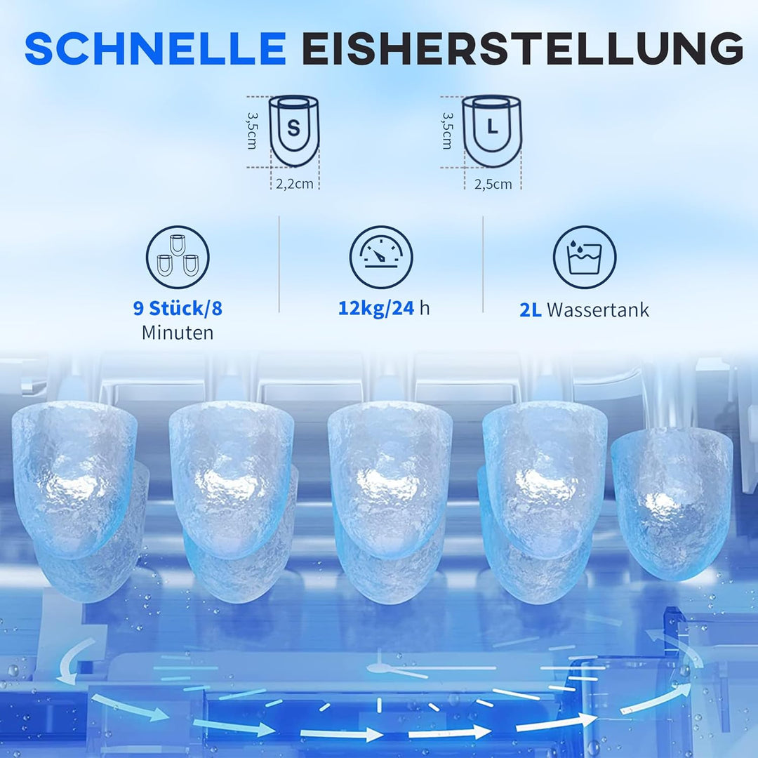 HOMCOM Eiswürfelmaschine, Ice Maker 9 Eiswürfel in 8 Min., 12kg/24h, Eiswürfelbereiter mit 2L Wasser