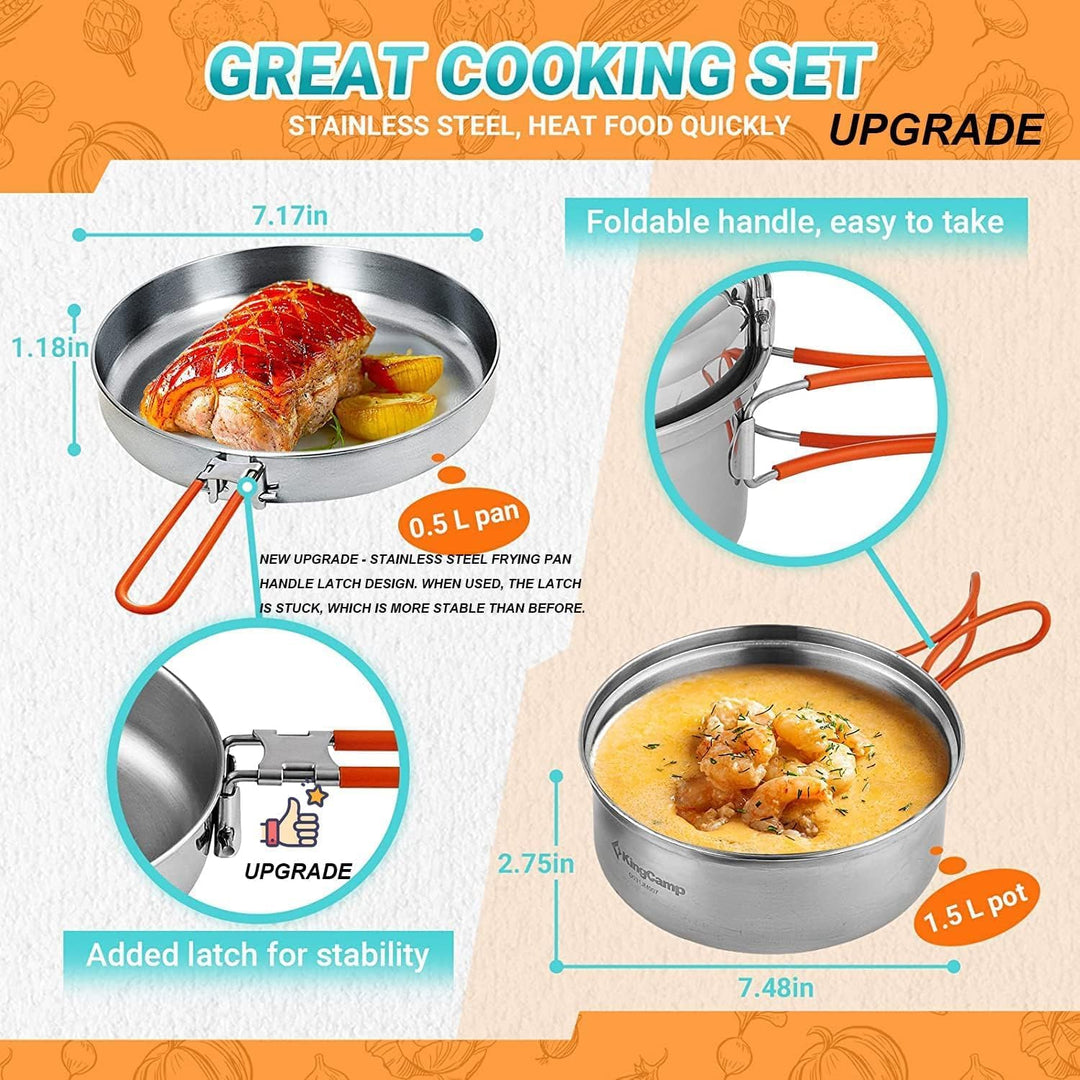 KingCamp Camping Geschirr Set 2-4 Personen I Camping Kochgeschirr aus Edelstahl I Camping Töpfe mit